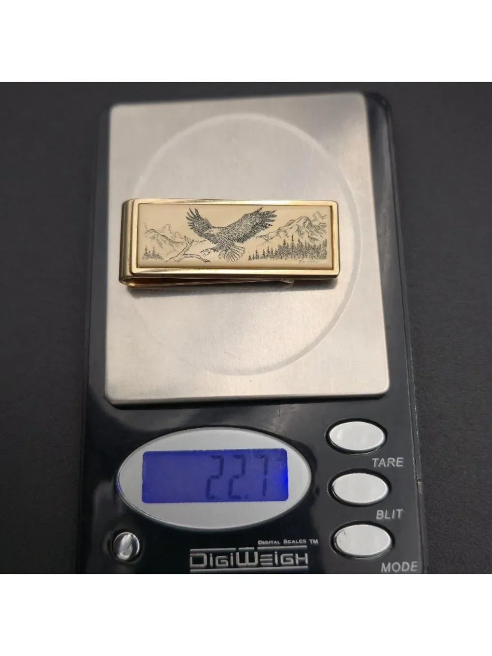 Vintage Gold Tone Scrimshaw Eagle Mountain Scene Minimalist Men's Money Clip B14
